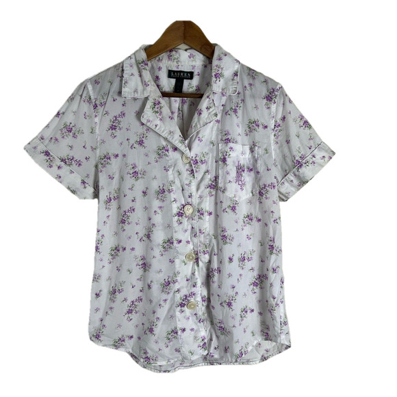 Lauren Ralph Lauren White Purple Floral Button Down Cotton Short Sleeve Medium - Picture 1 of 9